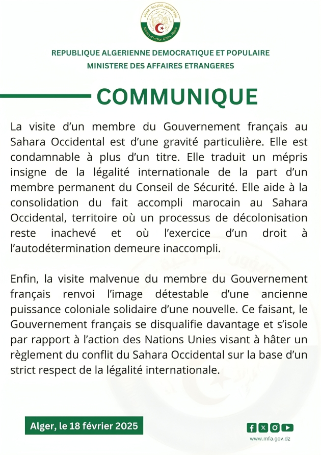 La visite d'un membre du gouvernement français au Sahara occidental traduit un 